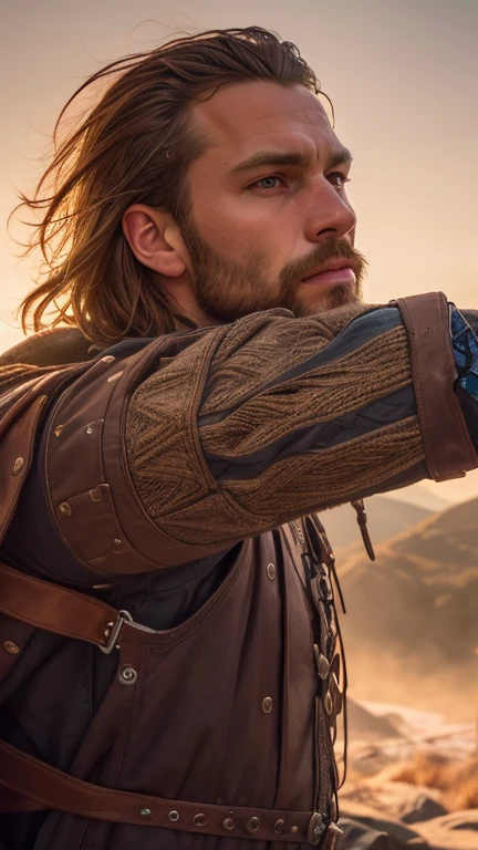 (best quality, masterpiece, colorful, highest detailed), (photorealistic:1.2), raw photo, upper body photo, fashion photography of cute a portrait of a fierce Viking man, embodying bravery and resilience in a rugged landscape, (intricate details), (dynamic angle), exposure blend, bokeh, dim light, (hdr:1.4), high contrast, (muted colors, dim colors, soothing tones:1.3), low saturation, morbid