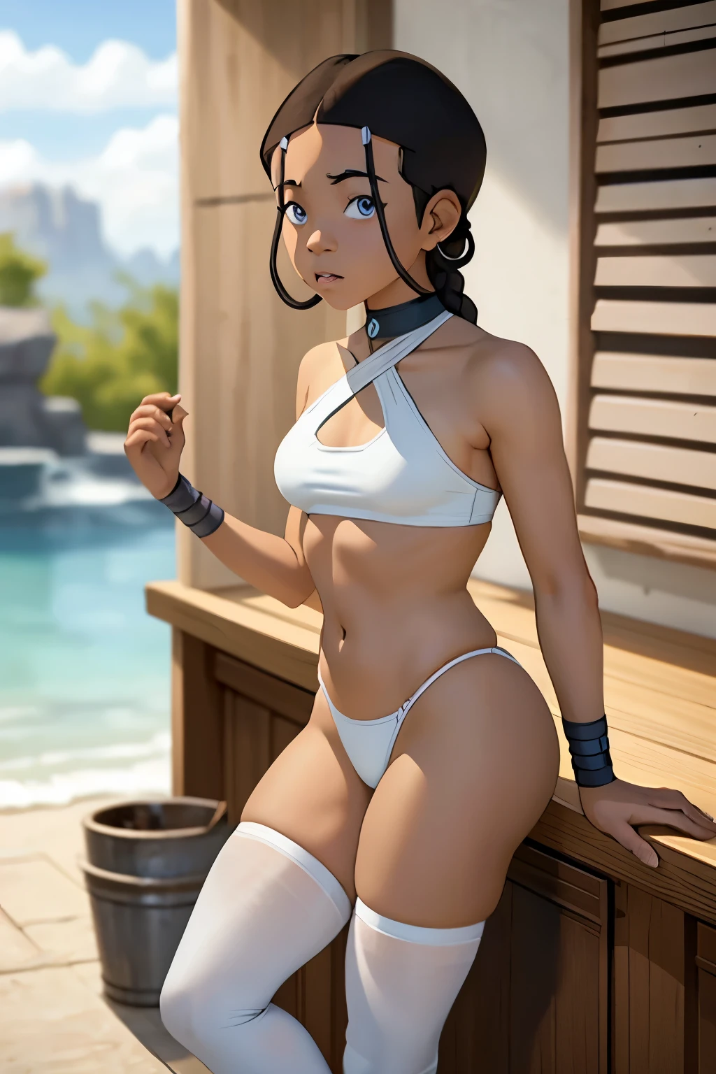 masterpiece, best quality, 1girl, katara, toned, dark skin, braid, jewelry, looking at viewer, bending over countertop, tiny white thin string bikini top, breast slip, string white wet thong, long legs, thigh high socks, sunshine, no panties, blue eyes, exposed small breasts, dripping wet body