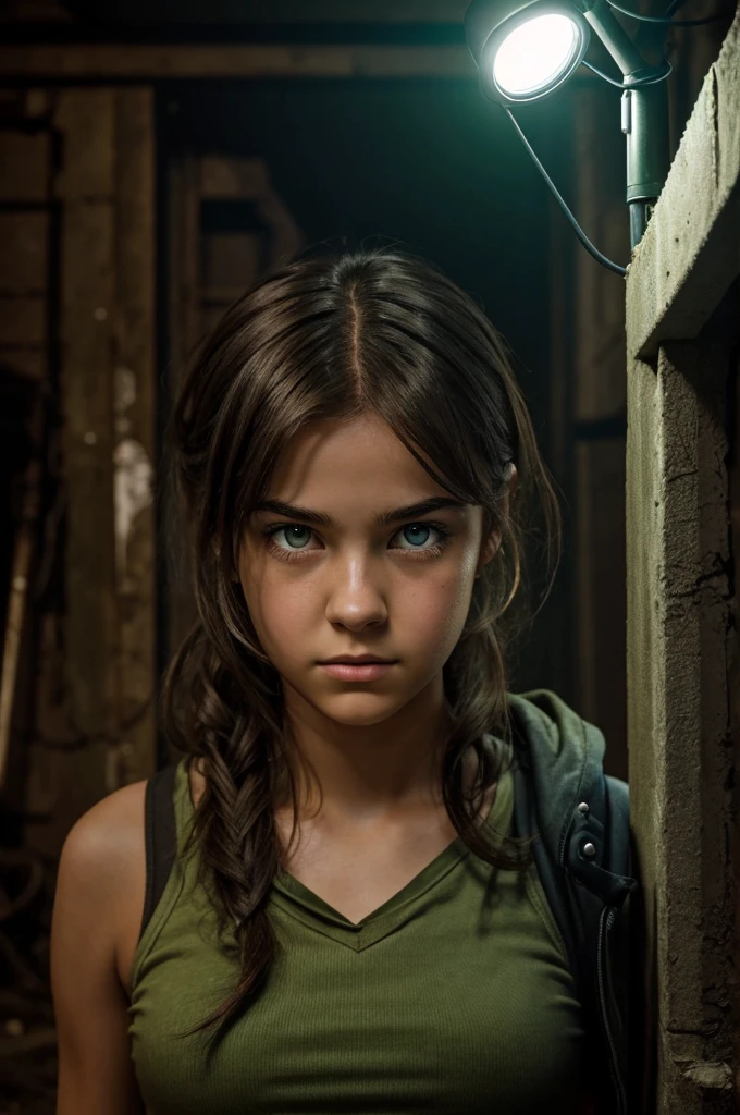Create comic-style cover of a 16-year-old girl who measures 1,57, green eyes and dark brown hair, have a flashlight in hand and look confused with a boxer dog next to you in a post-apocalyptic world