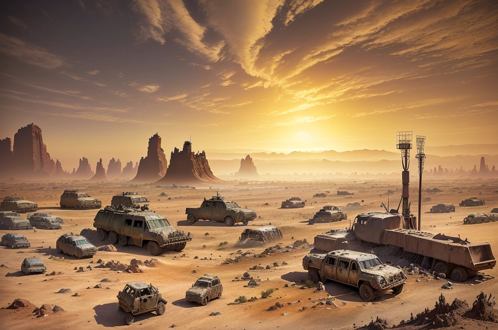 There are many vehicles and boats in the desert, post apocalyptic landscape, apocalyptic landscape, Post-apocalyptic hellscape, Post-apocalyptic wasteland, doomsday landscape, post apocalyptic scene, Post-apocalyptic atmosphere, 3D rendering and matte painting, &quot;Matte Painting&quot;, post apocalyptic world, &quot;Matte Painting&quot;, Post-apocalyptic wasteland, Realistic apocalyptic war scenario, Surreal matte painting