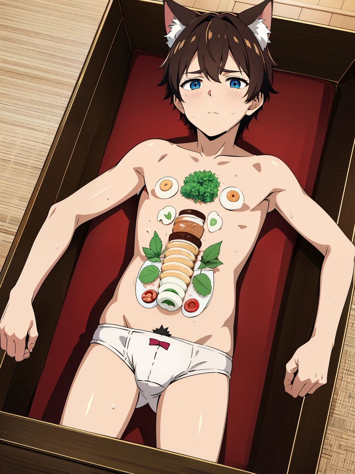 Highres, Masterpiece, Best quality at best,Best Quality,hight quality, hight detailed, 1boy, Shota, Cat ear, Nyotaimori, In food, In container, (Food on his body), (very young boy), Underwear, s, Armpit, hansome, Sweat