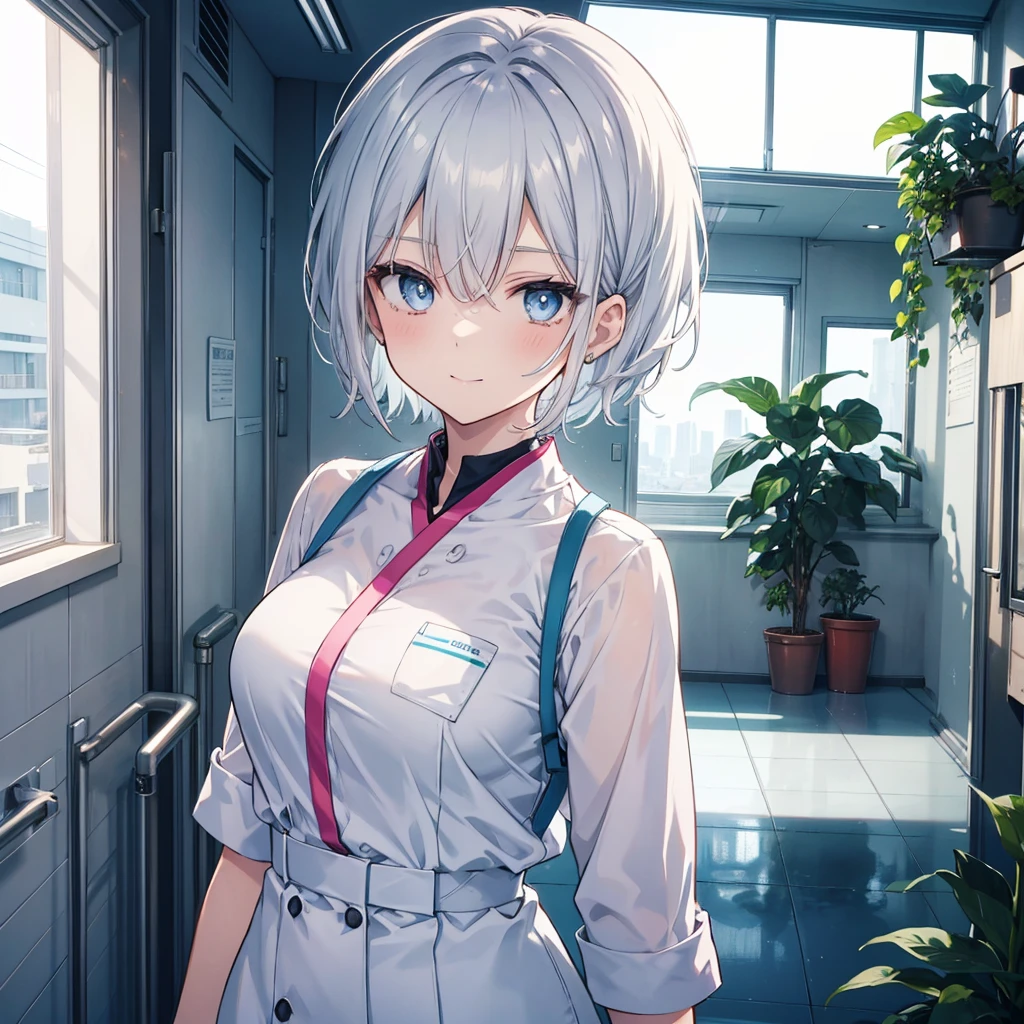 Please create an anime-style illustration of a young nurse. She has short silver hair in a short cut with a wave. She has large, expressive blue eyes and a gentle yet serious expression. She is wearing light blue or white scrubs with a name tag. She is standing in a brightly lit hospital corridor, with plants and medical equipment in the background. The lighting is soft, casting gentle shadows to enhance the atmosphere. She is smiling.
