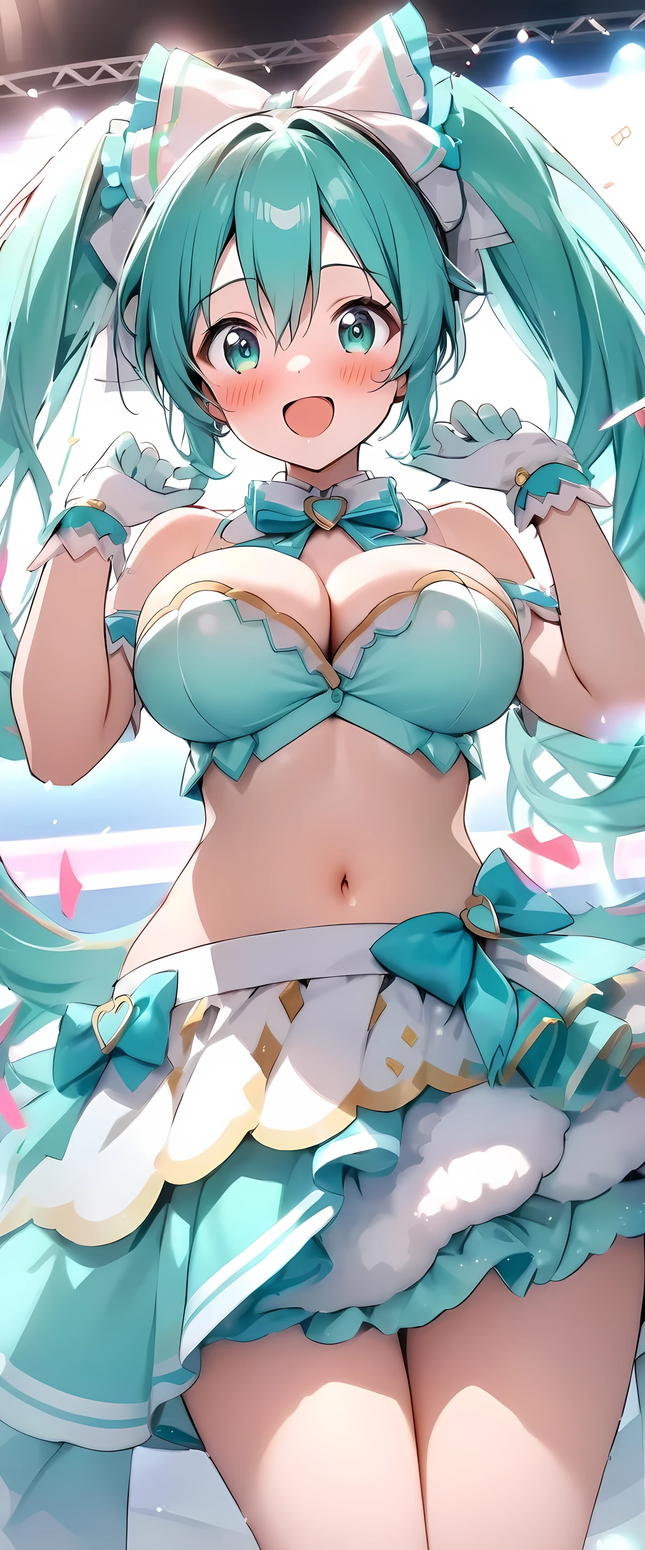 (masterpiece), best quality, expressive eyes, perfect face,1girl,((hatsune miku)),stage,night,confetti,stage lighting,curvy,big breasts,blush,cleavage,cowboy shot,idol dress,strapless idol dress,bare shoulders,detached sleeves,navel,cute top,cute fluffy skirt,layered skirt,showgirl skirt,cute pose,happy,excited,spoken heart,standing