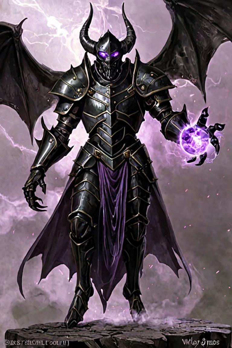 martius_storm demon This creature appears as a body of translucent dark gray, black and purple energy with small motes of purple light winking in and out of existence along its spherical form. It has a head, neck, chest, but it's body ends in a tapered whispy smoke, no legs or feet evident. Whispy black smoke wearing bracers and black chest plate armor and shoulder plates