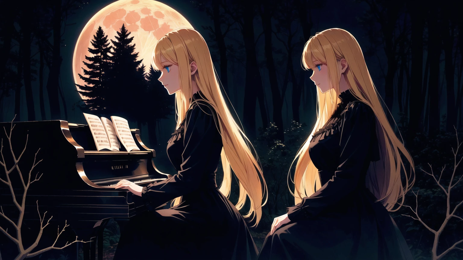 A blonde girl with blue eyes playing the piano in a shadowy forest under a full and large moon. She is wearing an old-fashioned black dress that adds to the mysterious and haunting mood of the setting. The full moon is prominently highlighted, casting an eerie glow over the forest. The trees around her are tall and foreboding, with twisted branches and shadows that create a sense of unease. The overall ambiance should be dark and somewhat frightening, contrasting with the vivid colors and the ethereal beauty of the girl and her surroundings.