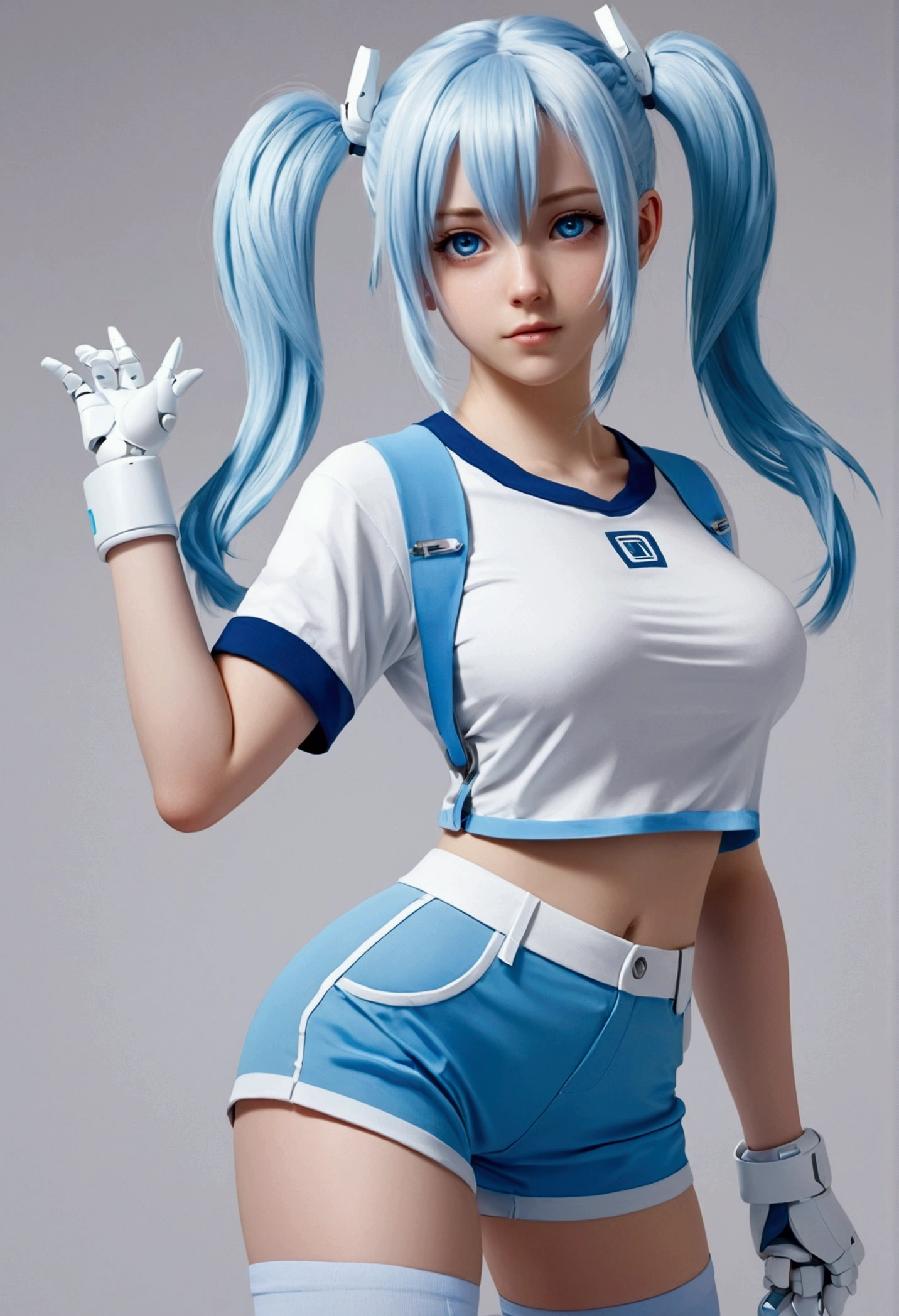 Jenny is a white robot with light blue hair and pigtails., He wears light blue shorts and t-shirt, Jenny has powers and light blue shoes and big tender eyes and big breasts.. anime style