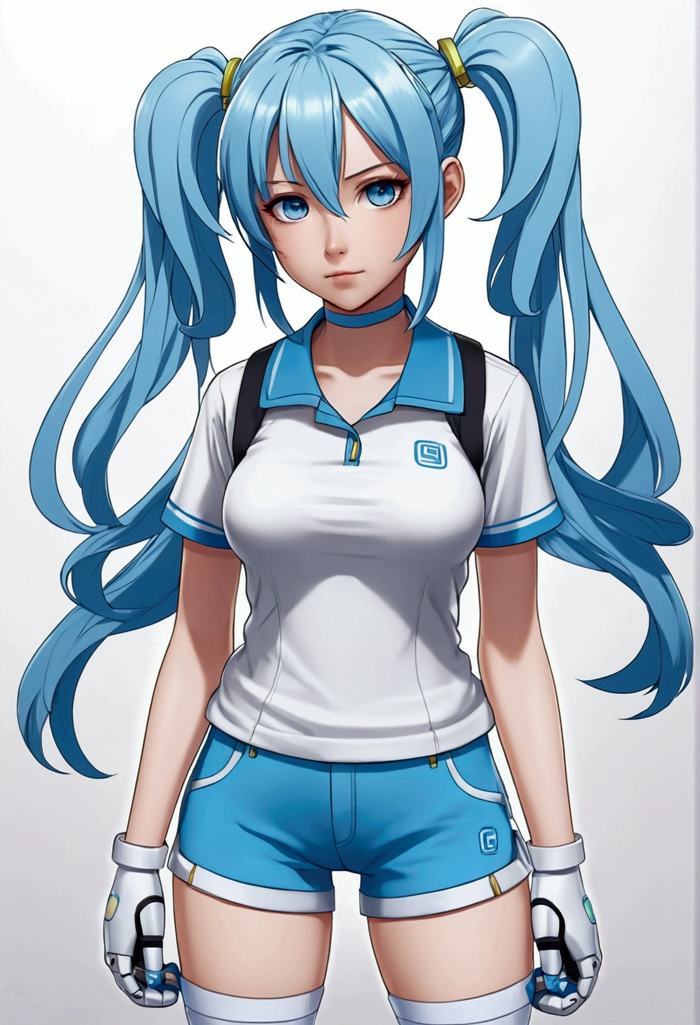 Jenny is a white robot with light blue hair and pigtails., He wears light blue shorts and t-shirt, Jenny has powers and light blue shoes and big tender eyes and big breasts.. anime style