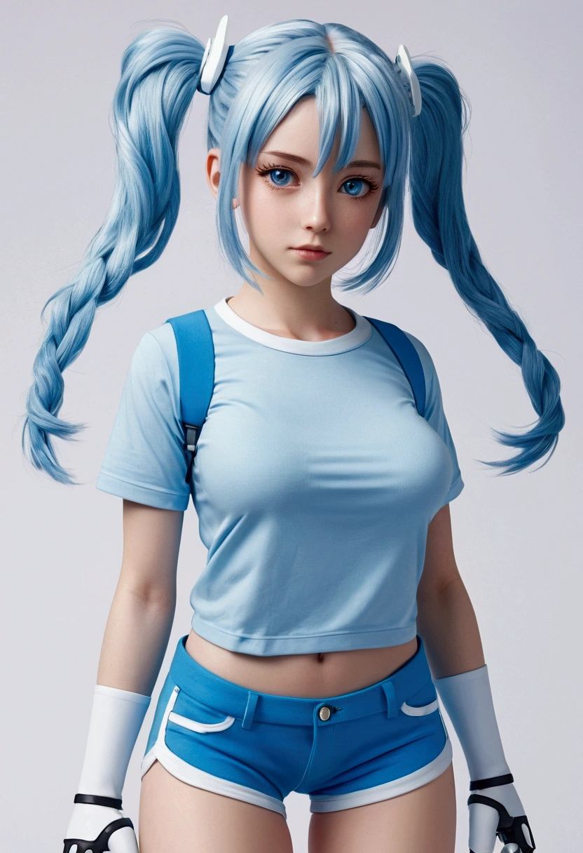 Jenny is a white robot with light blue hair and pigtails., He wears light blue shorts and t-shirt, Jenny has powers and light blue shoes and big tender eyes and big breasts.. anime style