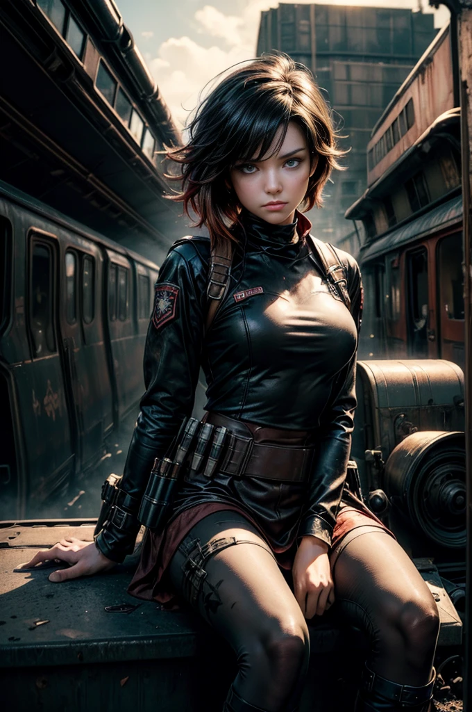 (masterpiece, best quality:1.2), cowboy shot, solo, dynamic pose, 1girl, ruby rose, looking at viewer, military uniforem, pantyhose, sitting next to wrecked train, crowd searching with rifles, (crowd in military unifom) night, stars, closed mouth, serious look, serious expression, post-apocalypse, dystopian future 