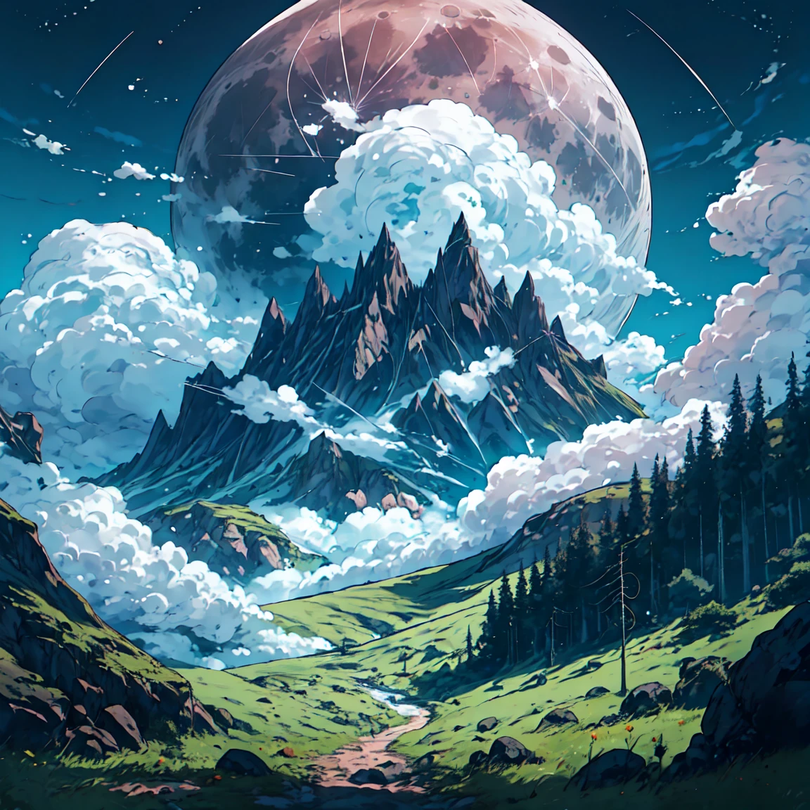 a beautiful and lonely full moon, moonlit night, glowing moon in the night sky, dramatic moonlight, serene landscape, lush meadow, rolling hills, wispy clouds, detailed moon texture, craters on the moon surface, peaceful atmosphere, cinematic lighting, muted color palette, cool blue tones, soft focus, photorealistic, 8k, best quality, masterpiece