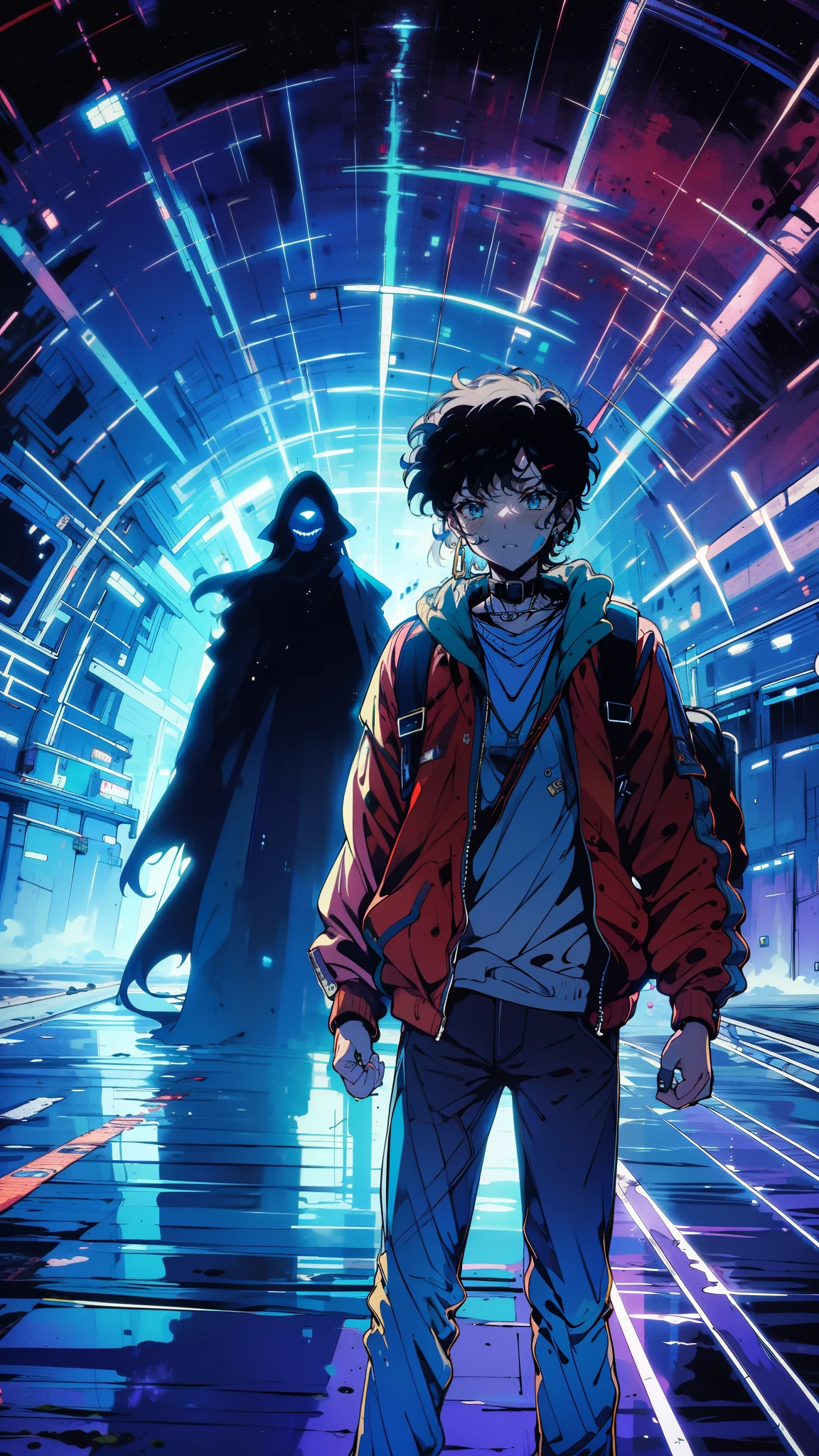 (high quality), (masterpiece), (detailed), 8K, On (luminescent mystical pathway1.3), teenage boy faces (menacing dark figure1.3) obstructing his lane. Silhouette of (starship1.2) hovers in background, boy requests assistance with mix of courage and fear, aware of looming threat. (high quality), (masterpiece), (detailed), 8K, Anime style character with (cool and edgy tattoos1.3), dressed in (fashionable clothing1.2), posing confidently. Expression fierce, stylish accessory coiled around arm. Thicker outlines emphasize striking, modern fashion, vibrant palette enhances scene.