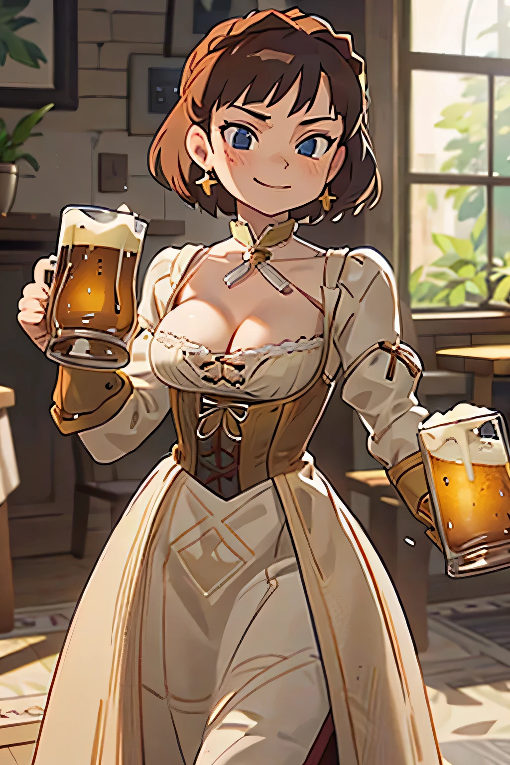 A woman dressed in a low-cut reniassance dress with very prominent cleavage, leather corset, beer mug in hand, sly smirk 