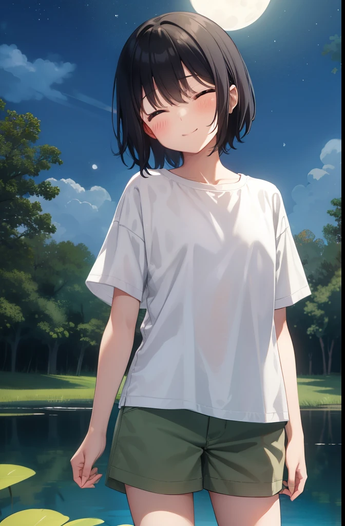 forest,smile,Are standing,close your eyes,1. small ,short hair,Black Hair,blush,White T-shirt,Olive green shorts,White skin,From below,shy,Cowboy Shot,night中,night,moon,Swimming in the pond,