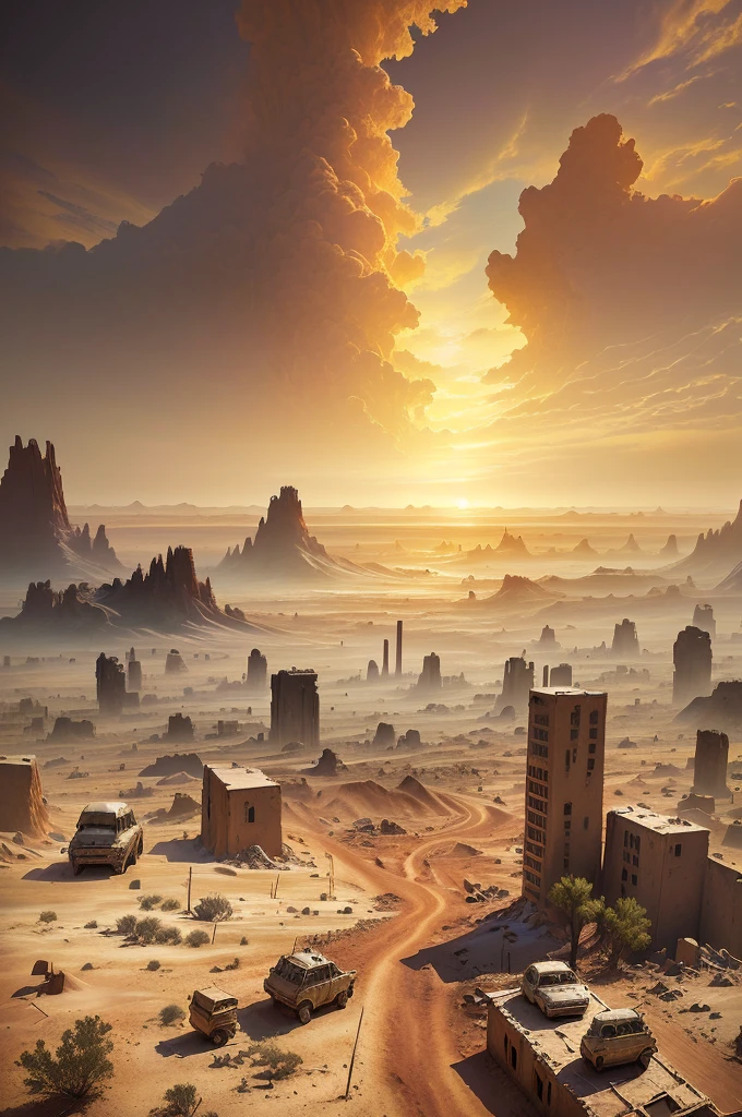 There are many vehicles and boats in the desert, post apocalyptic landscape, apocalyptic landscape, Post-apocalyptic hellscape, Post-apocalyptic wasteland, doomsday landscape, post apocalyptic scene, Post-apocalyptic atmosphere, 3D rendering and matte painting, "Matte Painting", post apocalyptic world, "Matte Painting", Post-apocalyptic wasteland, Realistic apocalyptic war scenario, Surreal matte painting