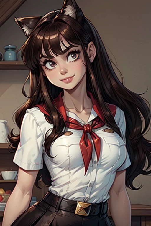 (young girl:1.4), very young slim fit girl, at full height, rounded face, snub nose, (very long disheveled dark brown hair:1.4), big brown eyes, shy smile, (perfect flat breast:1.3), band on head with fake cat ears, parororo, pioneer neckerchief, blue thight microskirt, bangs, shirt, collarbone, white shirt, short sleeves, collared shirt, belt, neckerchief, eyelashes, red neckerchief, breast pocket 