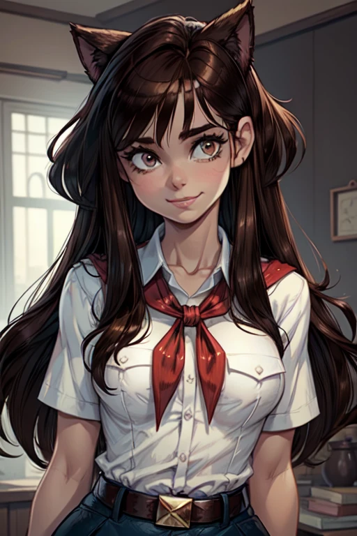 (young girl:1.4), very young slim fit girl, at full height, rounded face, snub nose, (very long disheveled dark brown hair:1.4), big brown eyes, shy smile, (perfect flat breast:1.3), band on head with fake cat ears, parororo, pioneer neckerchief, blue thight microskirt, bangs, shirt, collarbone, white shirt, short sleeves, collared shirt, belt, neckerchief, eyelashes, red neckerchief, breast pocket