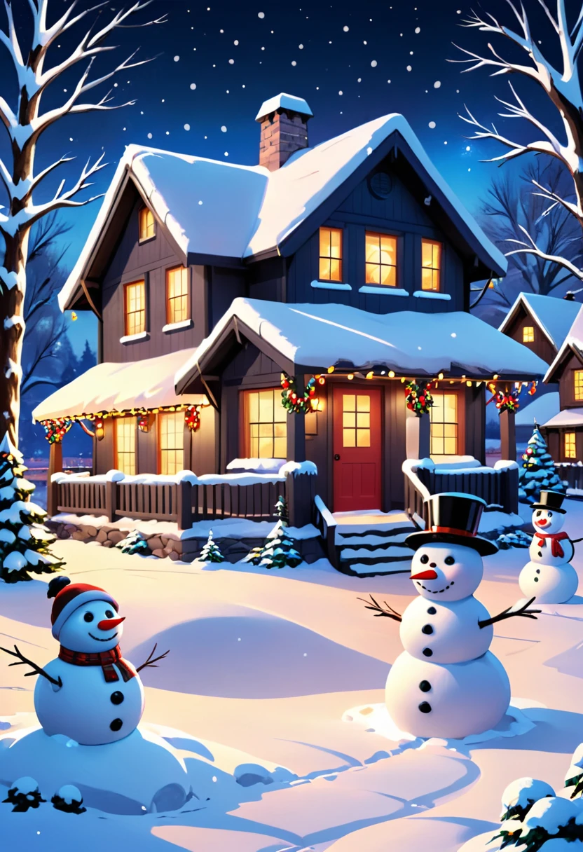 A cozy winter scene with a snow-covered cottage, decorated with Christmas lights and a snowman in the yard.