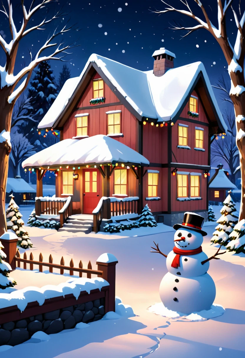 A cozy winter scene with a snow-covered cottage, decorated with Christmas lights and a snowman in the yard.