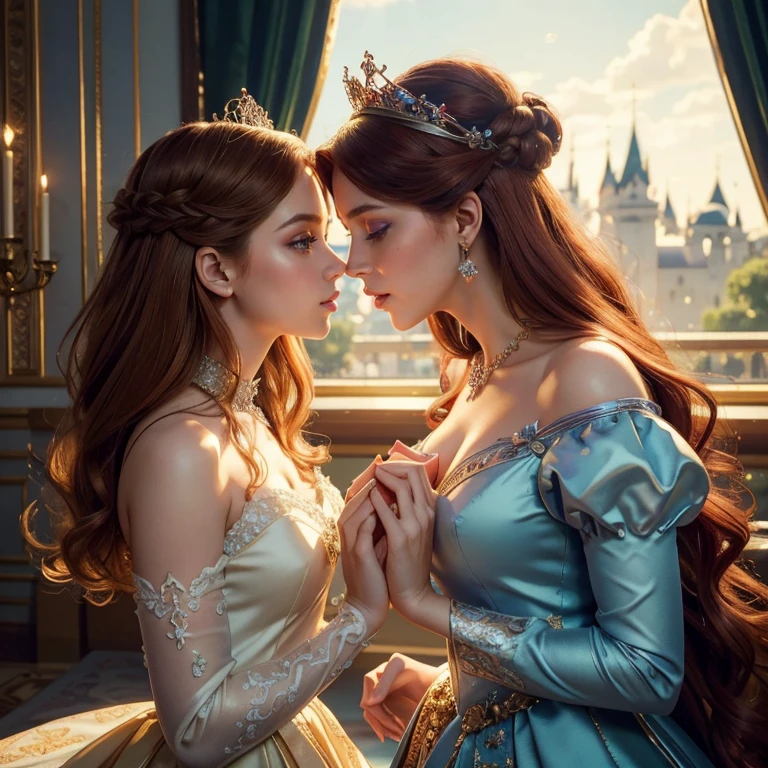 (masterpiece, best quality:1.5), highest quality, High resolution, super detailed, Realists, Upper body photo of the red-haired princess, detailed and beautiful eyes, beautiful detailed lips, very detailed eyes and face, longeyelashes, Princess in purple royal dress, Beautiful and colorful makeup, elegant and noble々Pose,shiny crown and jewels, Royal gardens as background, soft daylight, bright colors, fine brushstrokes, Portrait style, Noble details in the dress fabric, beautiful color palette, glowing skin, First-class rendering, that captures every detail, enchanting atmosphere, subtle shadows and lights, (perfect anatomy:1.2), (Two stunning princesses are deeply in love:1.4), (kiss:1.2), (magnificent panorama view:1.2)