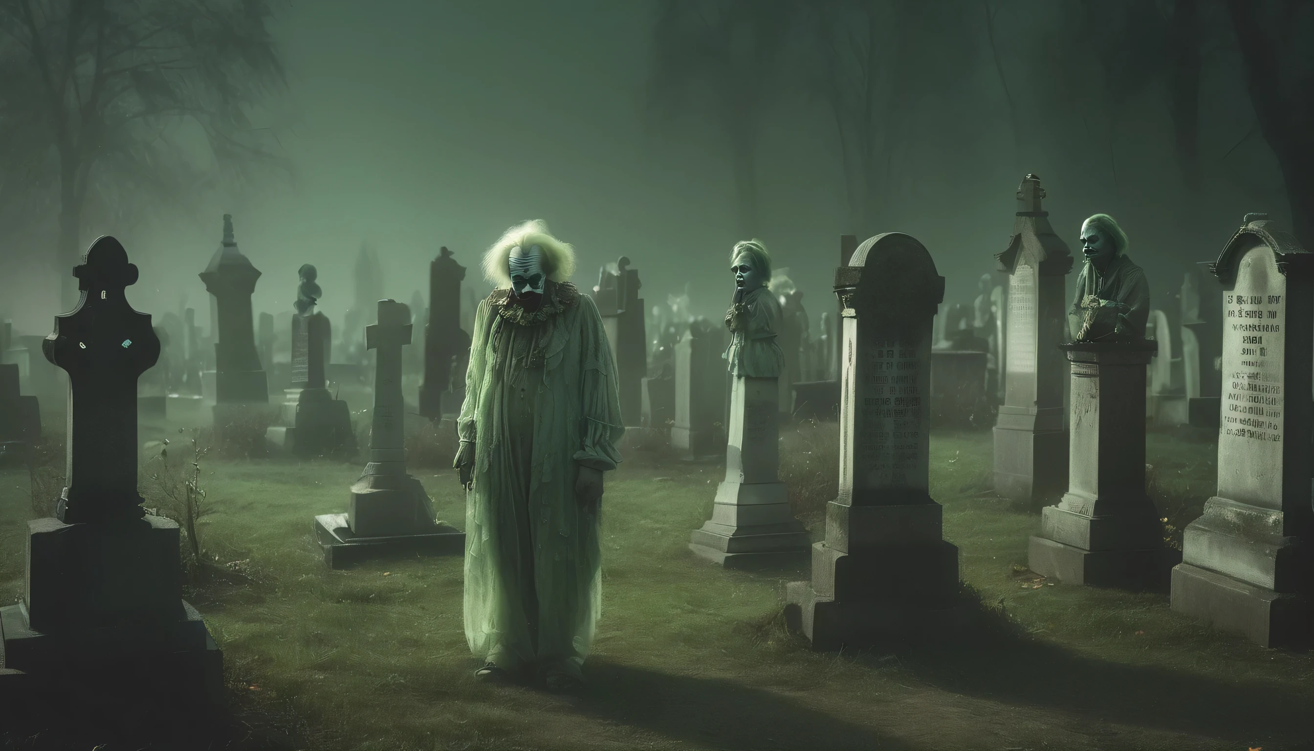 Realistic and GHOSTLY photo of DOZENS OF sad OLD clowns in a scary cemetery, misty night, greenish haze, Ethereal, naturallight
