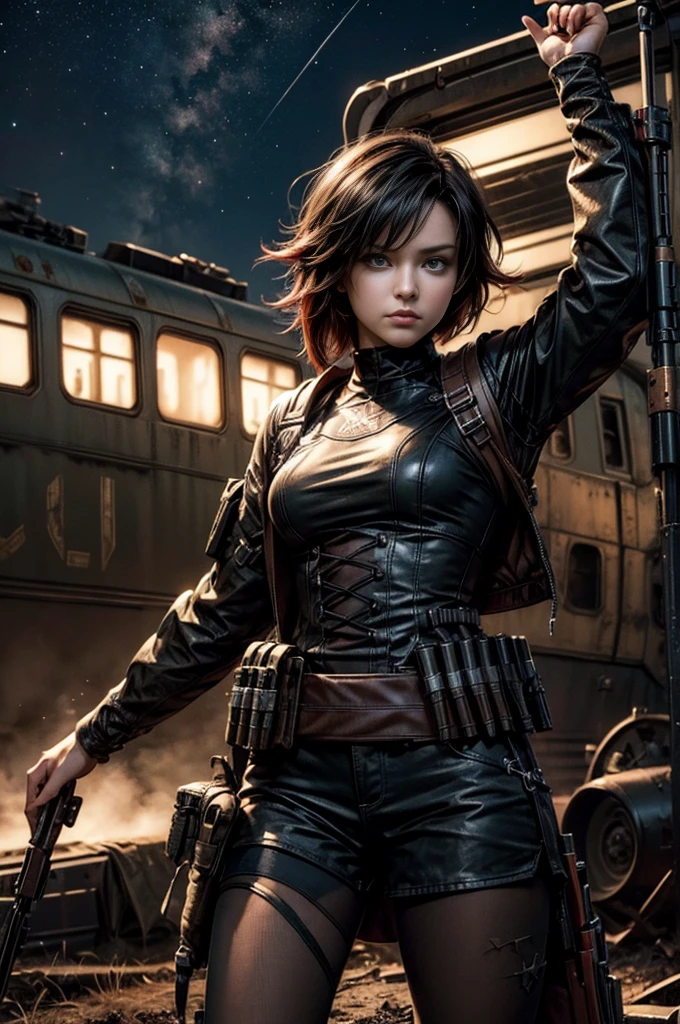 (masterpiece, best quality:1.2), cowboy shot, solo, dynamic pose, 1girl, ruby rose, looking at viewer, military uniforem, pantyhose, standing next to wrecked train, crowd searching with rifles, (crowd in military unifom) night, stars, closed mouth, serious look, serious expression, post-apocalypse, dystopian future
