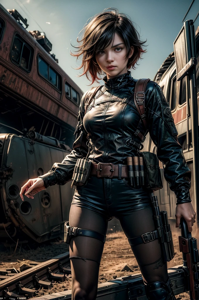 (masterpiece, best quality:1.2), cowboy shot, solo, dynamic pose, 1girl, ruby rose, looking at viewer, military uniforem, pantyhose, standing next to wrecked train, crowd searching with rifles, (crowd in military unifom) night, stars, closed mouth, serious look, serious expression, post-apocalypse, dystopian future