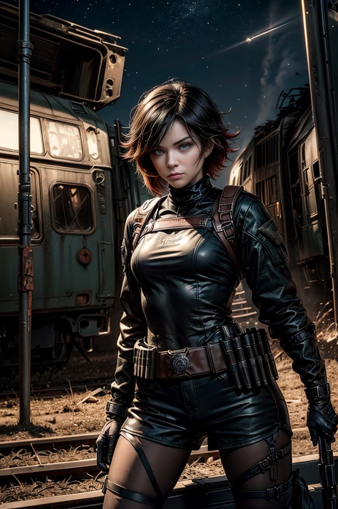 (masterpiece, best quality:1.2), cowboy shot, solo, dynamic pose, 1girl, ruby rose, looking at viewer, military uniforem, pantyhose, standing next to wrecked train, crowd searching with rifles, (crowd in military unifom) night, stars, closed mouth, serious look, serious expression, post-apocalypse, dystopian future