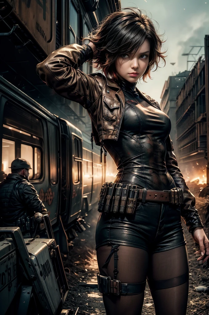 (masterpiece, best quality:1.2), cowboy shot, solo, dynamic pose, 1girl, ruby rose, looking at viewer, military uniforem, pantyhose, standing next to wrecked train, crowd searching with rifles, (crowd in military unifom) night, stars, closed mouth, serious look, serious expression, post-apocalypse, dystopian future 