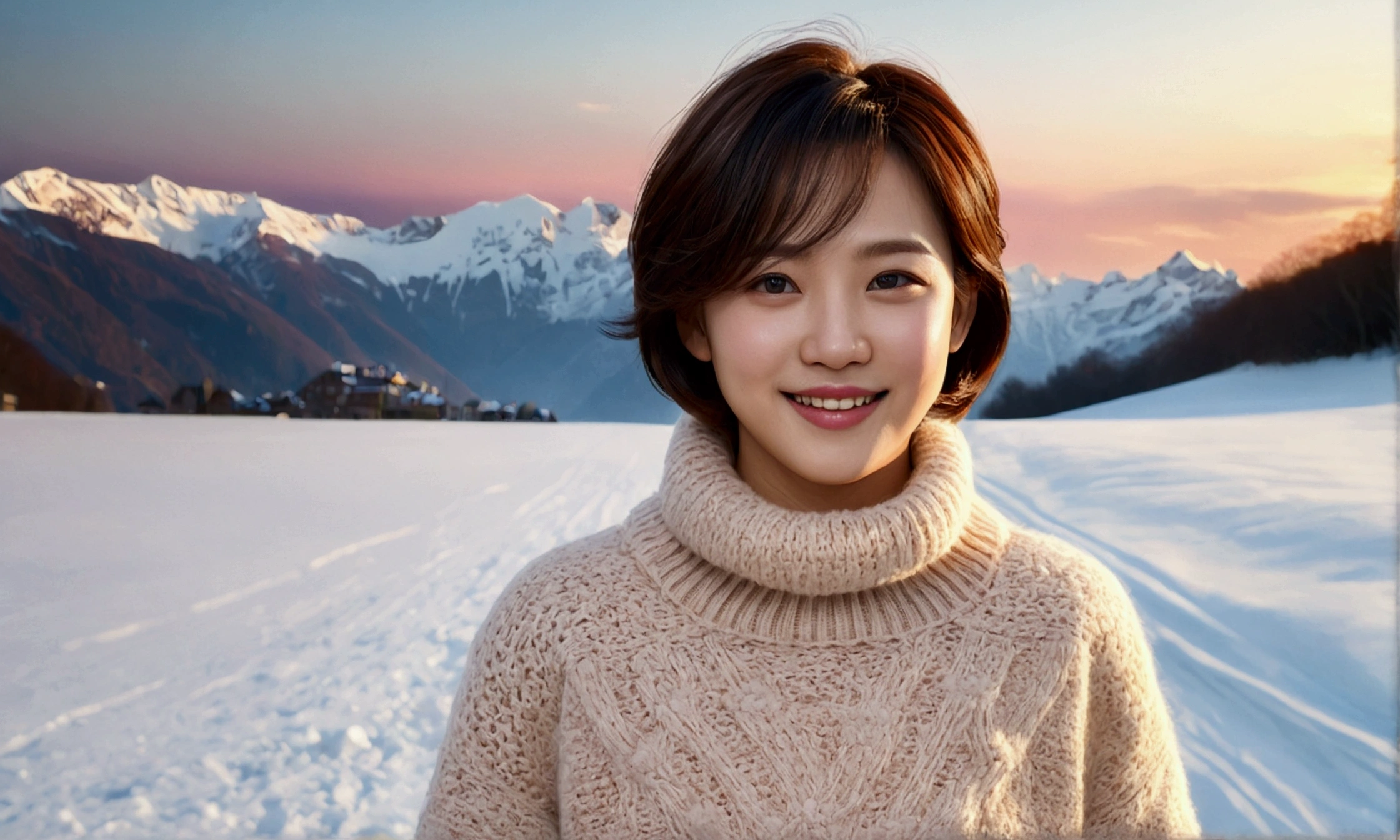 high resolution, raw photo, (realistic:1.5),(movie lights),(detailed fingers),(high detail skin:1.Letty'eye), short medium hair를 가진 50대 한국 여성, smiling face, short and , very beautiful.!, Get inspired by Son Ye-jin, 8K vertical rendering, 사진 realistic 아름다운 얼굴, 큰 eye,double eyelid, 검은 eye, short medium hair, alone, Switzerland, The Jungfrau snowfield can be seen in the distance.. winter, Yuki, Goose down, highnecksweater, Wearing beige jean pants,,(huge grab),twilight,rosy clouds,wind,Hair flies away,