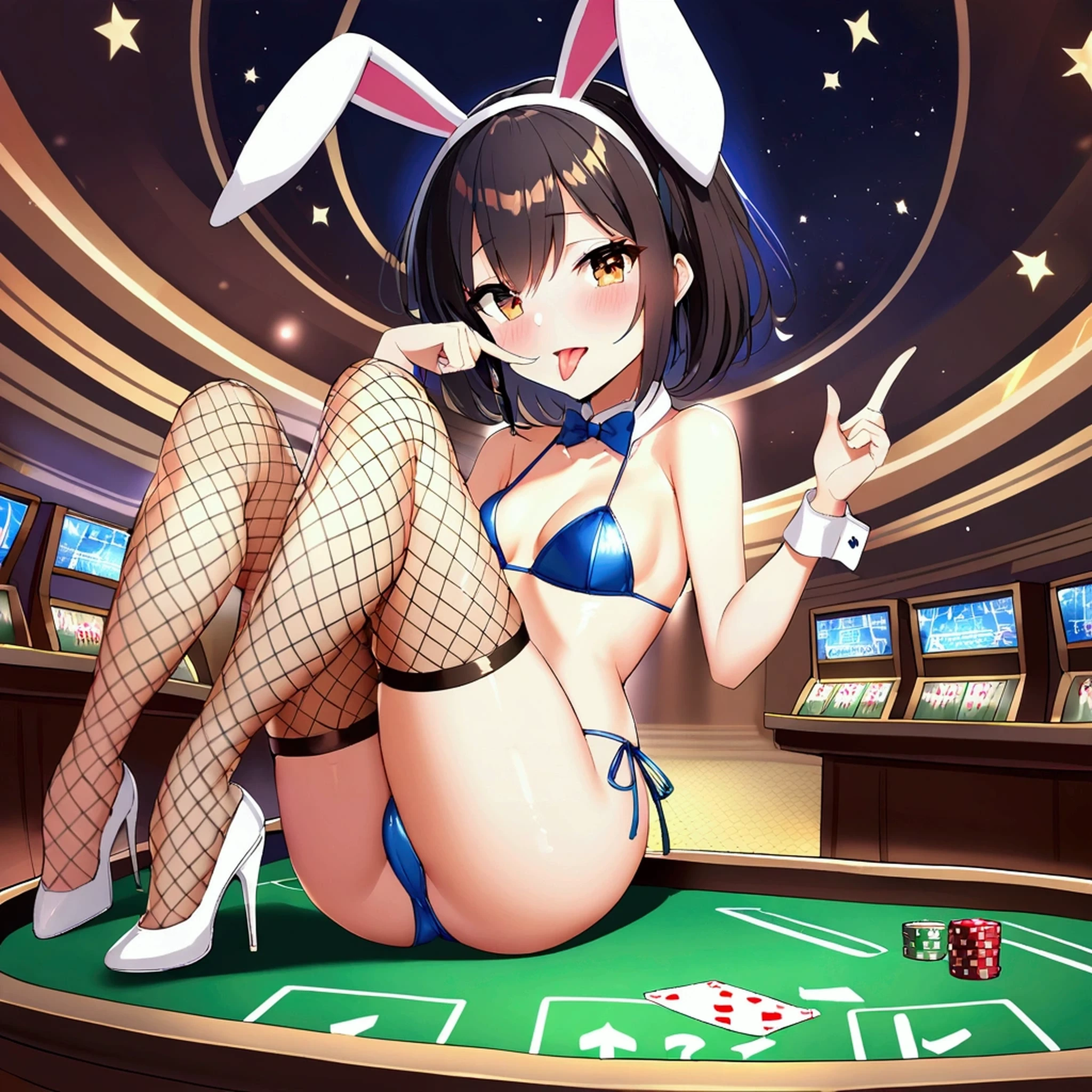 2B in bikini bunny,rabbit ears headband,fishnet stockings,High heels,Session,open legs,M字open legs,small breasts,mischievous,tongue licking,bottom:casino