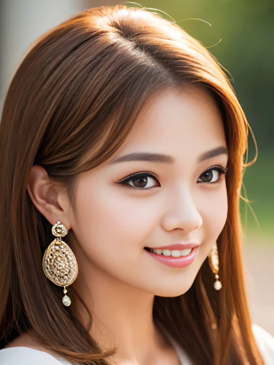 light brown hair, hair over shoulder, raised eyebrows, hollow eyes, wide eyes, longeyelashes, heart earrings, open mouth, grin, depth of field, pov, close-up, UHD, textured skin, super detail, best quality, 8k