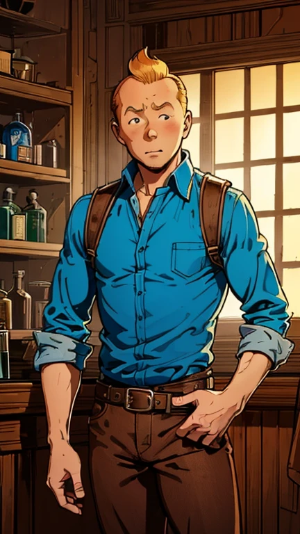 (1man, Tintin,1boy, blue top, brown pant), (extremely detailed CG unit 8k wallpaper),(master part), (best quality), (ultra detail), (best illustration),(melhor ombre), cowboy shot, (Sharp eyeliner, ombre, detail eyes), wild west saloon interiors background, ,break , (WildWest), upper body