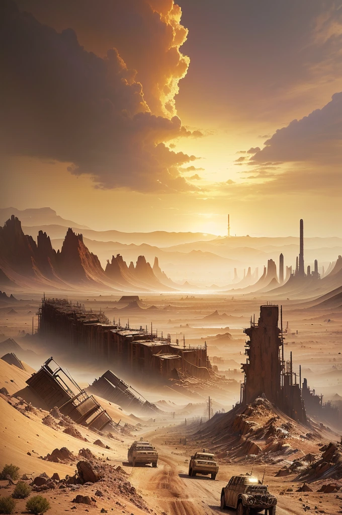 There are many vehicles and boats in the desert, post apocalyptic landscape, apocalyptic landscape, Post-apocalyptic hellscape, Post-apocalyptic wasteland, doomsday landscape, post apocalyptic scene, Post-apocalyptic atmosphere, 3D rendering and matte painting, "Matte Painting", post apocalyptic world, "Matte Painting", Post-apocalyptic wasteland, Realistic apocalyptic war scenario, Surreal matte painting , ((low angle shot 1.7)) ((Camera lens close to the ground to shoot 1.8))