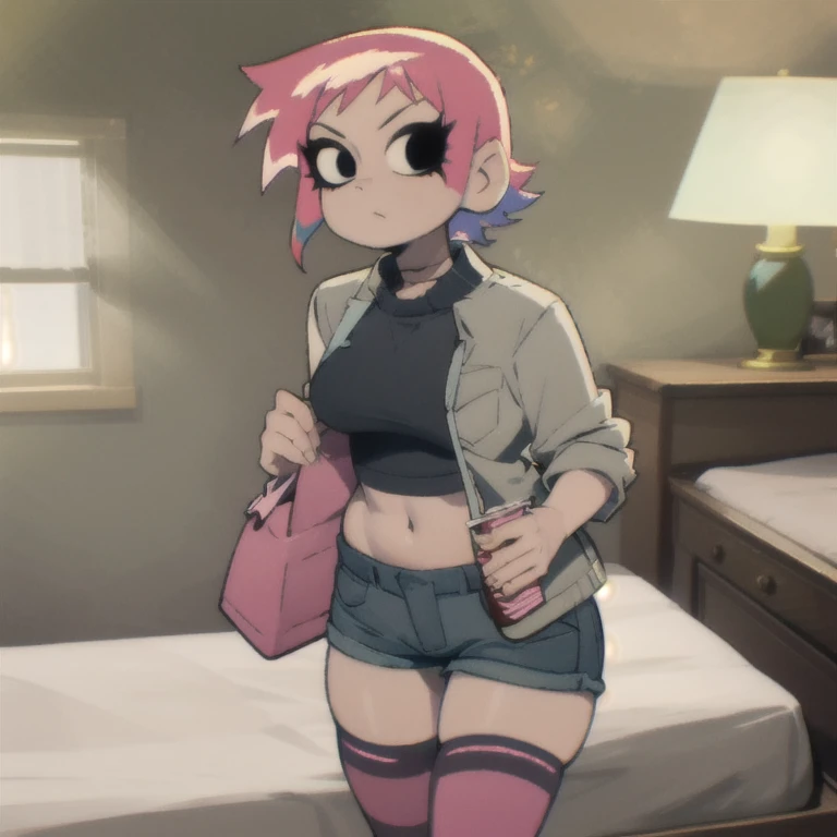 (masterpiece, best quality), 1girl, pink hair, crop top, denim shorts, bedroom, striped thighhighs,