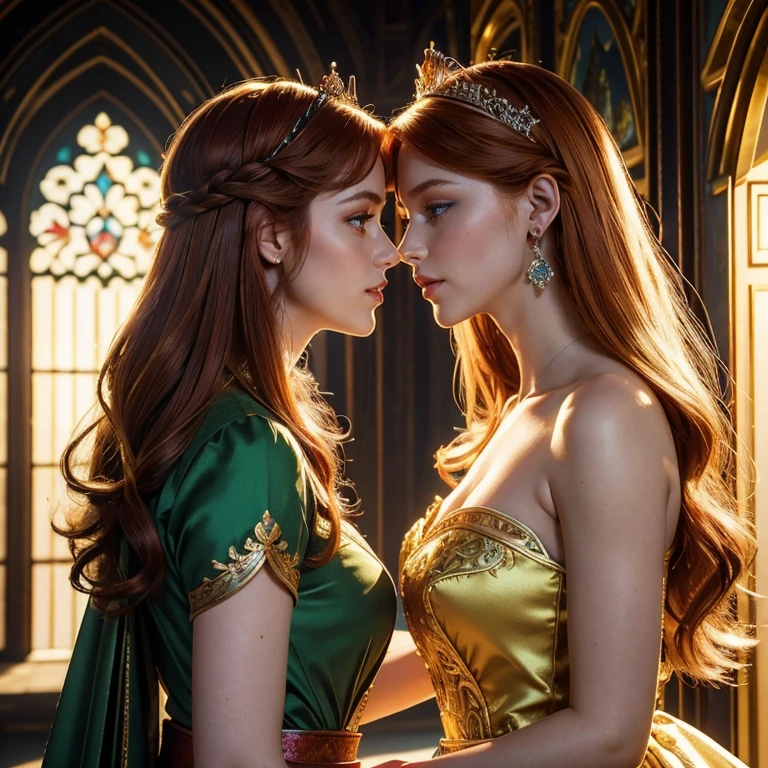 (masterpiece, best quality:1.5), highest quality, High resolution, super detailed, Realists, Upper body photo of the red-haired princess, detailed and beautiful eyes, beautiful detailed lips, very detailed eyes and face, longeyelashes, Princess in green royal dress, Beautiful and colorful makeup, elegant and noble々Pose,shiny crown and jewels, Royal gardens as background, soft daylight, bright colors, fine brushstrokes, Portrait style, Noble details in the dress fabric, beautiful color palette, glowing skin, First-class rendering, that captures every detail, enchanting atmosphere, subtle shadows and lights, (perfect anatomy:1.2), (Two stunning princesses are deeply in love:1.4), (kiss:1.2), (magnificent panorama view:1.2)