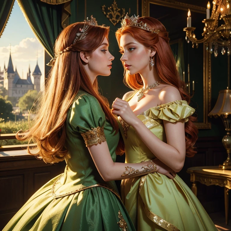 (​masterpiece, best quality:1.5), highest quality, High resolution, super detailed, Realists, Upper body photo of the red-haired princess, detailed and beautiful eyes, beautiful detailed lips, very detailed eyes and face, longeyelashes, Princess in green royal dress, Beautiful and colorful makeup, elegant and noble々Pose,shiny crown and jewels, Royal gardens as background, soft daylight, bright colors, fine brushstrokes, Portrait style, Noble details in the dress fabric, beautiful color palette, glowing skin, First-class rendering, that captures every detail, enchanting atmosphere, subtle shadows and lights, (perfect anatomy:1.2), (Two stunning princesses are deeply in love:1.4), (kiss:1.2), (magnificent panorama view:1.2)