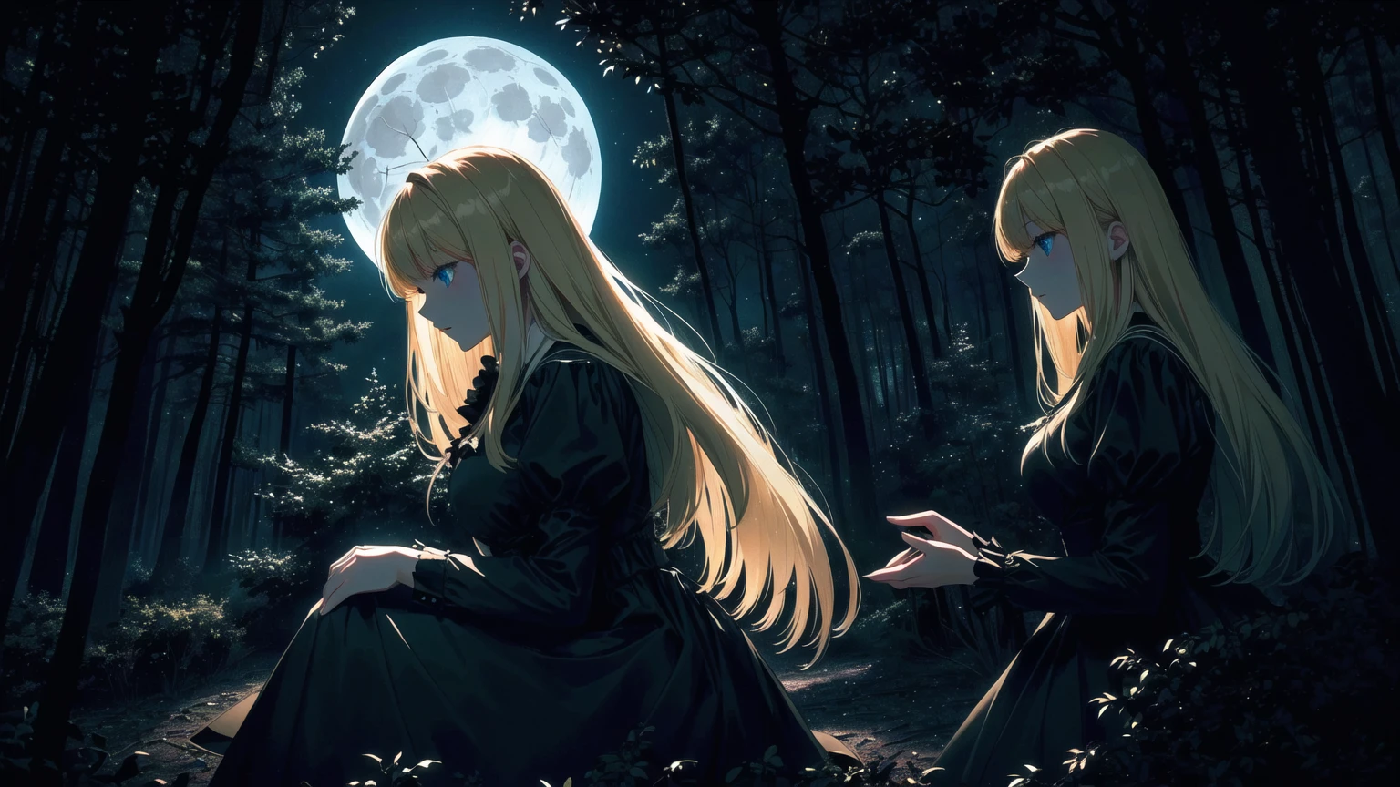 A blonde girl with blue eyes playing the piano in a shadowy forest under a full and large moon. She is wearing an old-fashioned black dress that adds to the mysterious and haunting mood of the setting. The full moon is prominently highlighted, casting an eerie glow over the forest. The trees around her are tall and foreboding, with twisted branches and shadows that create a sense of unease. The overall ambiance should be dark and somewhat frightening, contrasting with the vivid colors and the ethereal beauty of the girl and her surroundings.