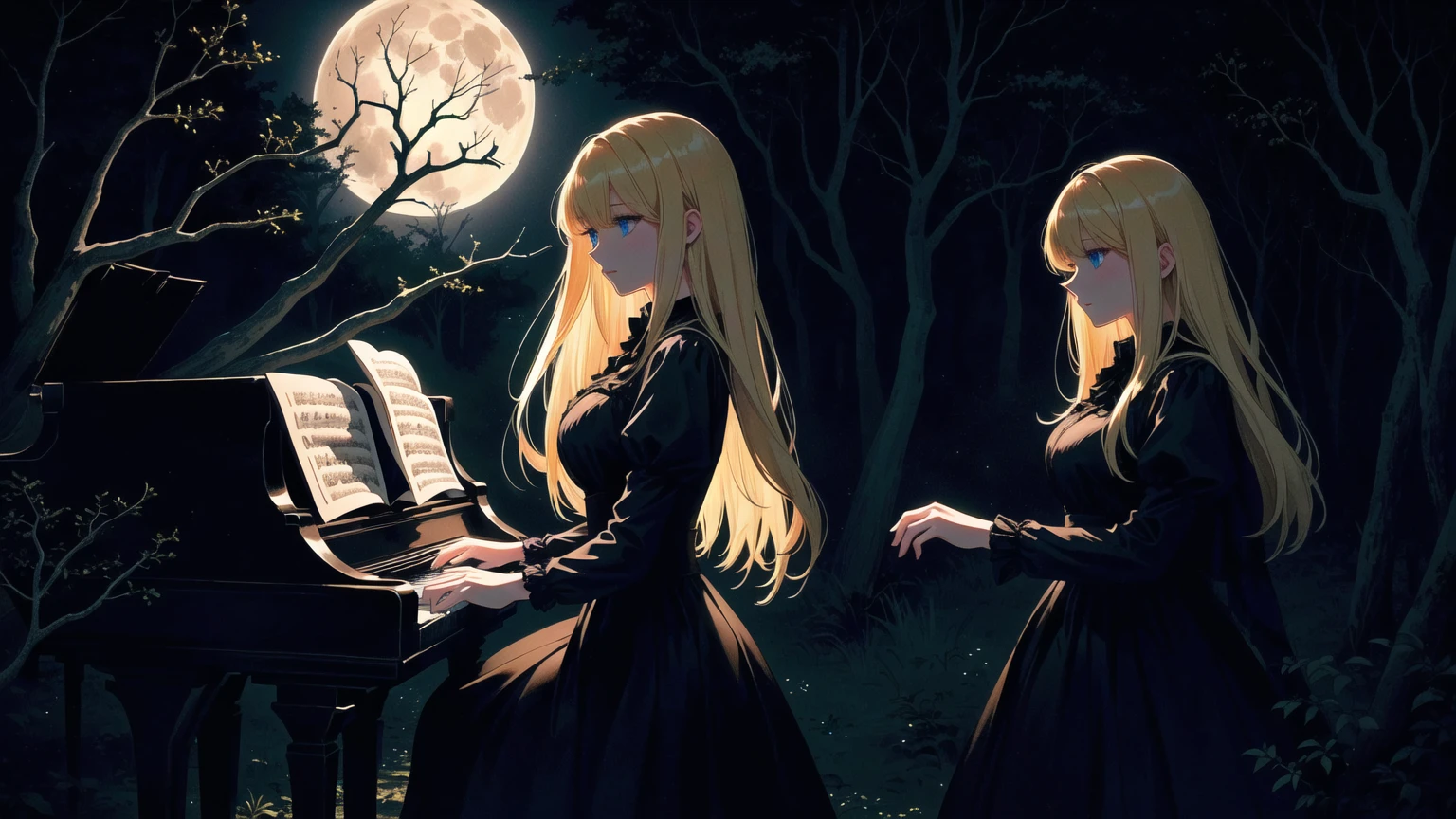 A blonde girl with blue eyes playing the piano in a shadowy forest under a full and large moon. She is wearing an old-fashioned black dress that adds to the mysterious and haunting mood of the setting. The full moon is prominently highlighted, casting an eerie glow over the forest. The trees around her are tall and foreboding, with twisted branches and shadows that create a sense of unease. The overall ambiance should be dark and somewhat frightening, contrasting with the vivid colors and the ethereal beauty of the girl and her surroundings.