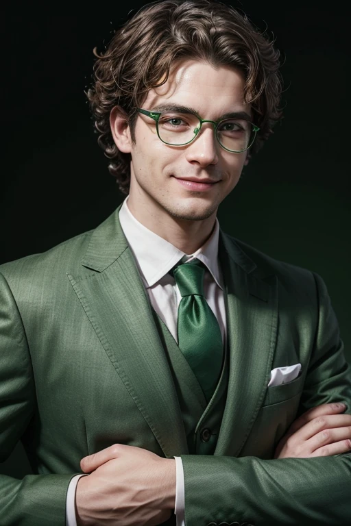 Generate an image of a man on a green background, with glasses and curly hair that reaches the shoulder, he is wearing a green suit and is an online course seller. Make the image look like a logo, make the tone light green, make it look more cartoonish and put a smile on it