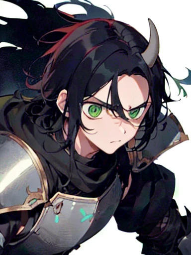 A boy has black hair that is a little light and messy., with bangs that fall slightly over his forehead. His green eyes are penetrating. He wears black armor with gray details., which accentuates his athletic and robust build. It has black horns.