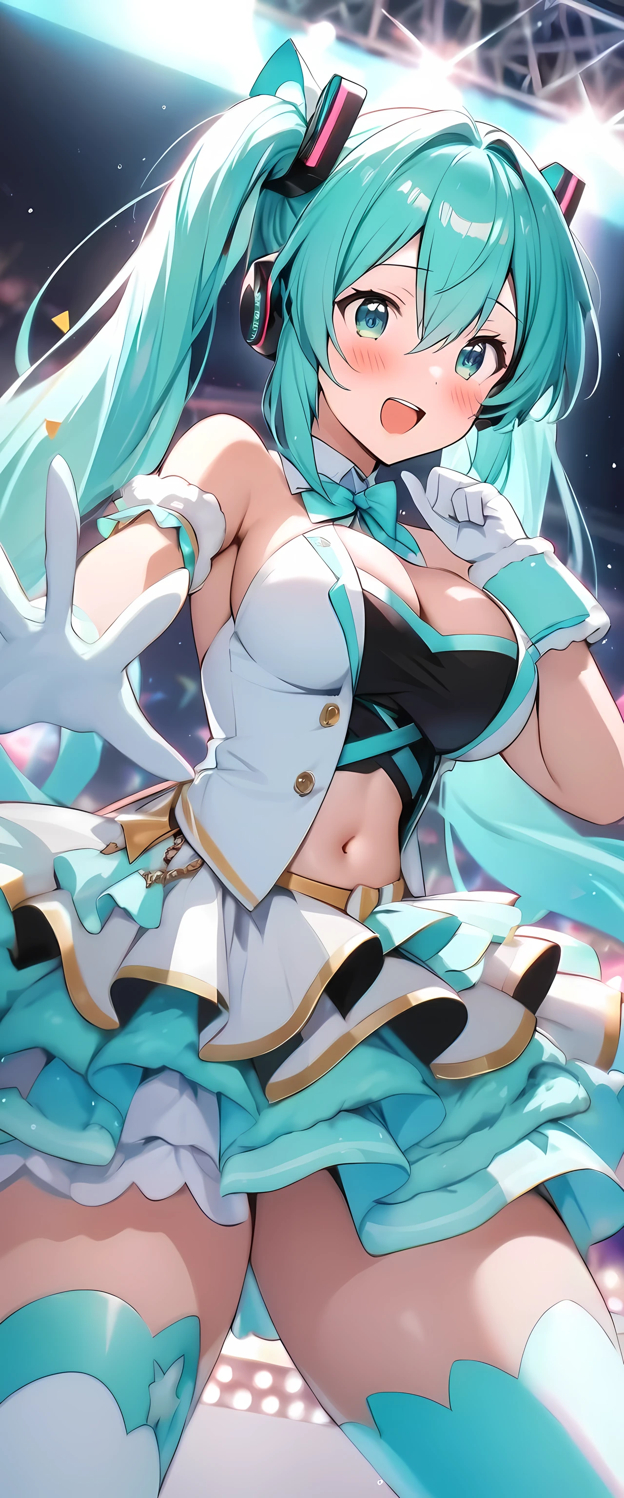 (masterpiece), best quality, expressive eyes, perfect face,1girl,((hatsune miku)),stage,night,confetti,stage lighting,curvy,big breasts,blush,cleavage,cowboy shot,idol dress,strapless idol dress,bare shoulders,detached sleeves,navel,cute top,cute fluffy skirt,layered skirt,showgirl skirt,outstretched hand,happy,excited,spoken heart,standing