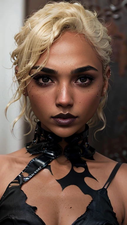 a dark-skinned woman with short hair, blonde hair, plump lips. Thin face, small nose, beautiful big eyes. Dark lipstick. Gothic of the 90s, grunge style. Nose piercing, lip piercing. A mysterious expression on his face. Cinematic effect, ultra textured skin, soft shadows, soft light. Realistic photography