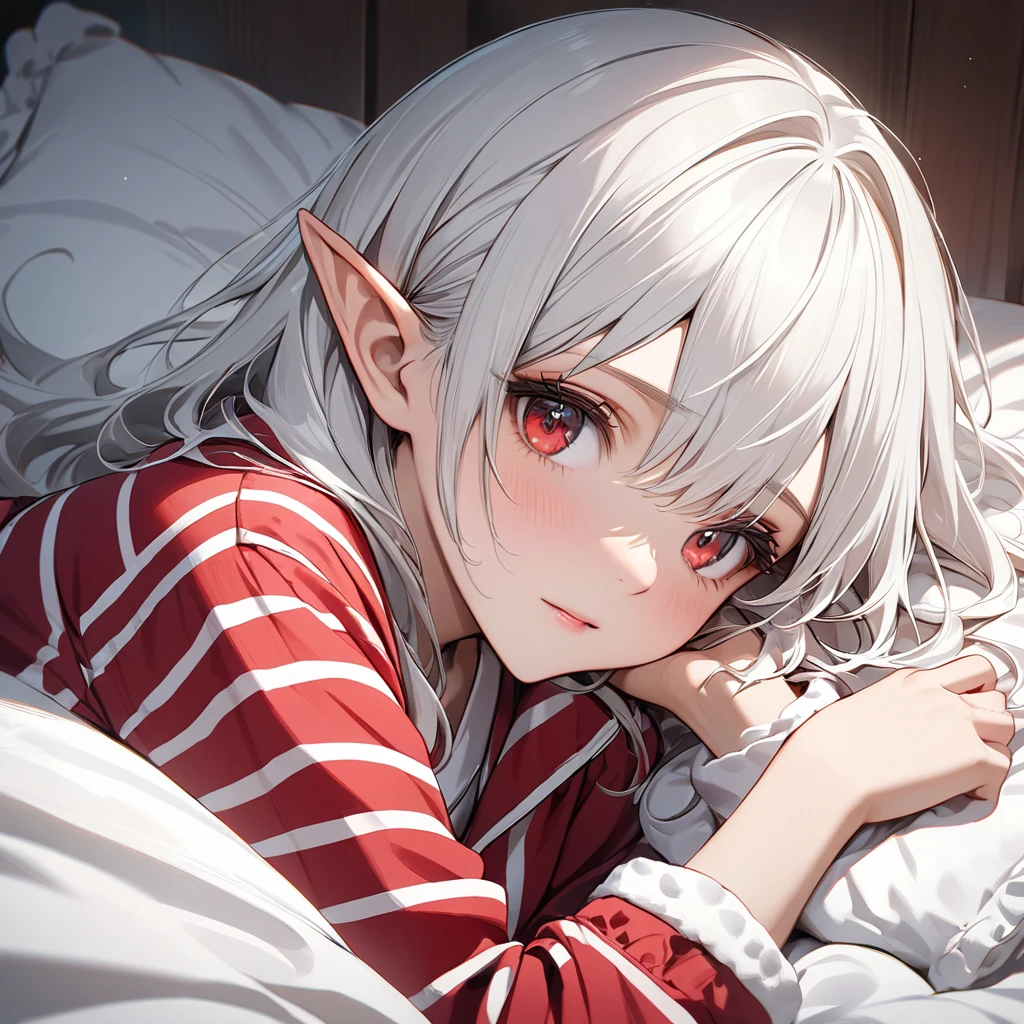 (masterpiece, Highest quality:1.2), One Girl, alone, ARW,
Anime girl laying in bed with white hair red eyes in love innocent elf ears pjs