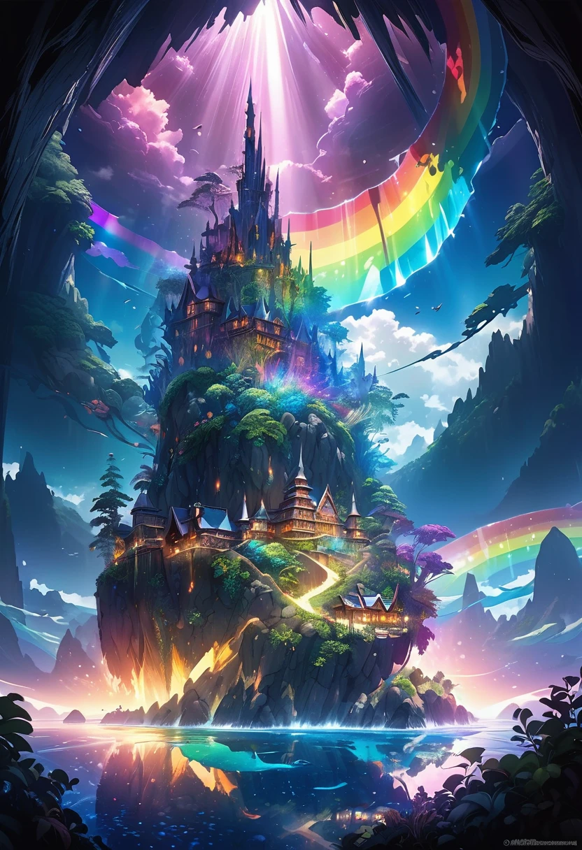Very detailed, Super complicated, Very accurate, Mysterious Island, Gothic fantasy meets crystal art, High transparency, Dark Fantasy Collaboration, Fantastic rainbow mirror reflection, Transparent full color clear water, The sunlight casts a dramatic light on the island., BREAK Professional spraying, Extremely detailed and exquisite brushwork, Detailed and vivid depiction, Absurd aesthetics, 
Blake is simply beautiful, A dark background to make your subject stand out, Dramatic light and shadow, Cinematic lighting to accentuate dramatic themes, Aesthetics and impact combined, 
Highest quality, Highest Resolution, Optimized Octane Rendering, superretinal vision, 