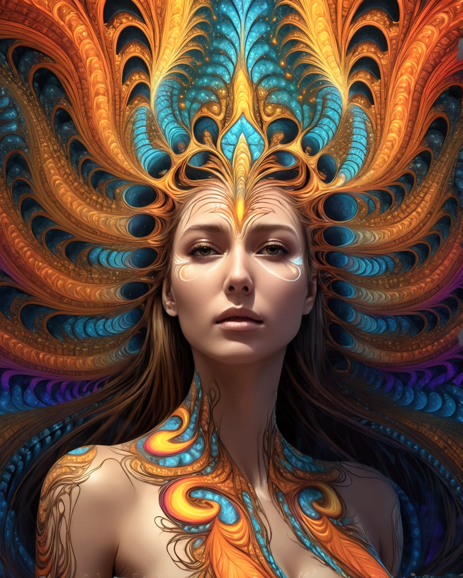 (Dripping:1.3, psychedelic, colorful, drawing of a phoenix woman rebirth with random features in Realistic style), sexy, acid style, colorful psychedelic background, (fractal art:1.5), reflection, whole body shot,