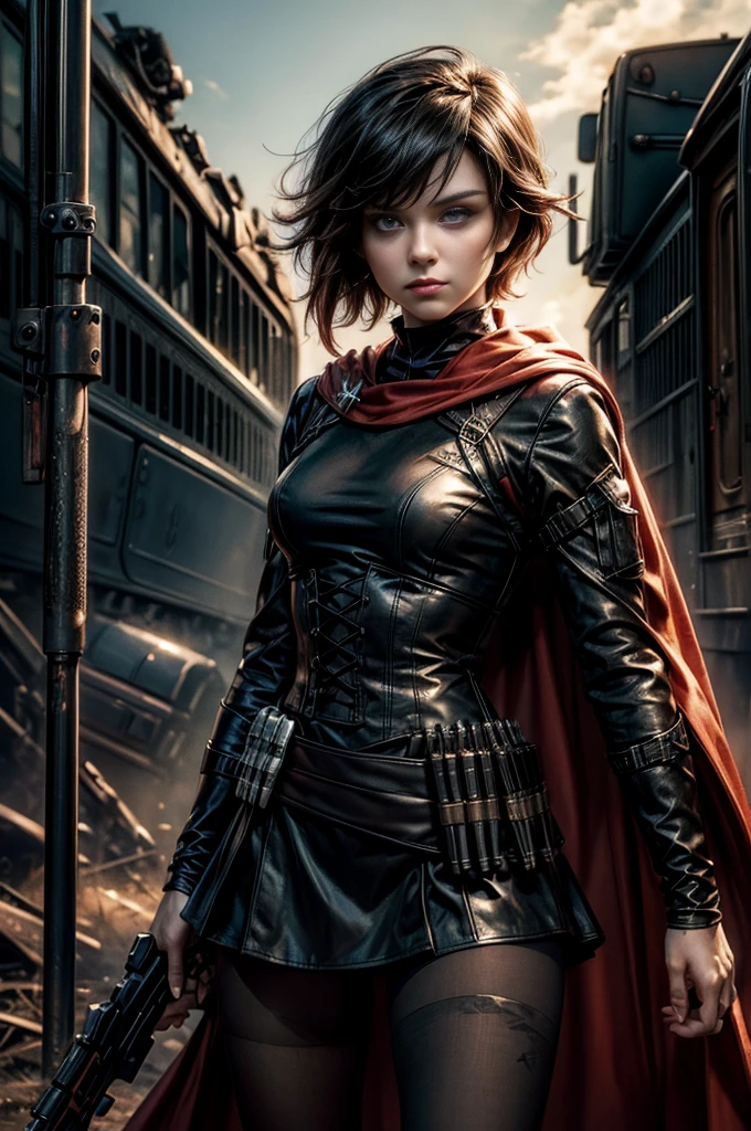 (masterpiece, best quality:1.2), cowboy shot, solo, dynamic pose, 1girl, ruby rose, looking at viewer, military uniform, cape, pantyhose, standing next to wrecked train, crowd searching with rifles, (crowd in military unifom) night, stars, closed mouth, serious look, serious expression, post-apocalypse, dystopian future