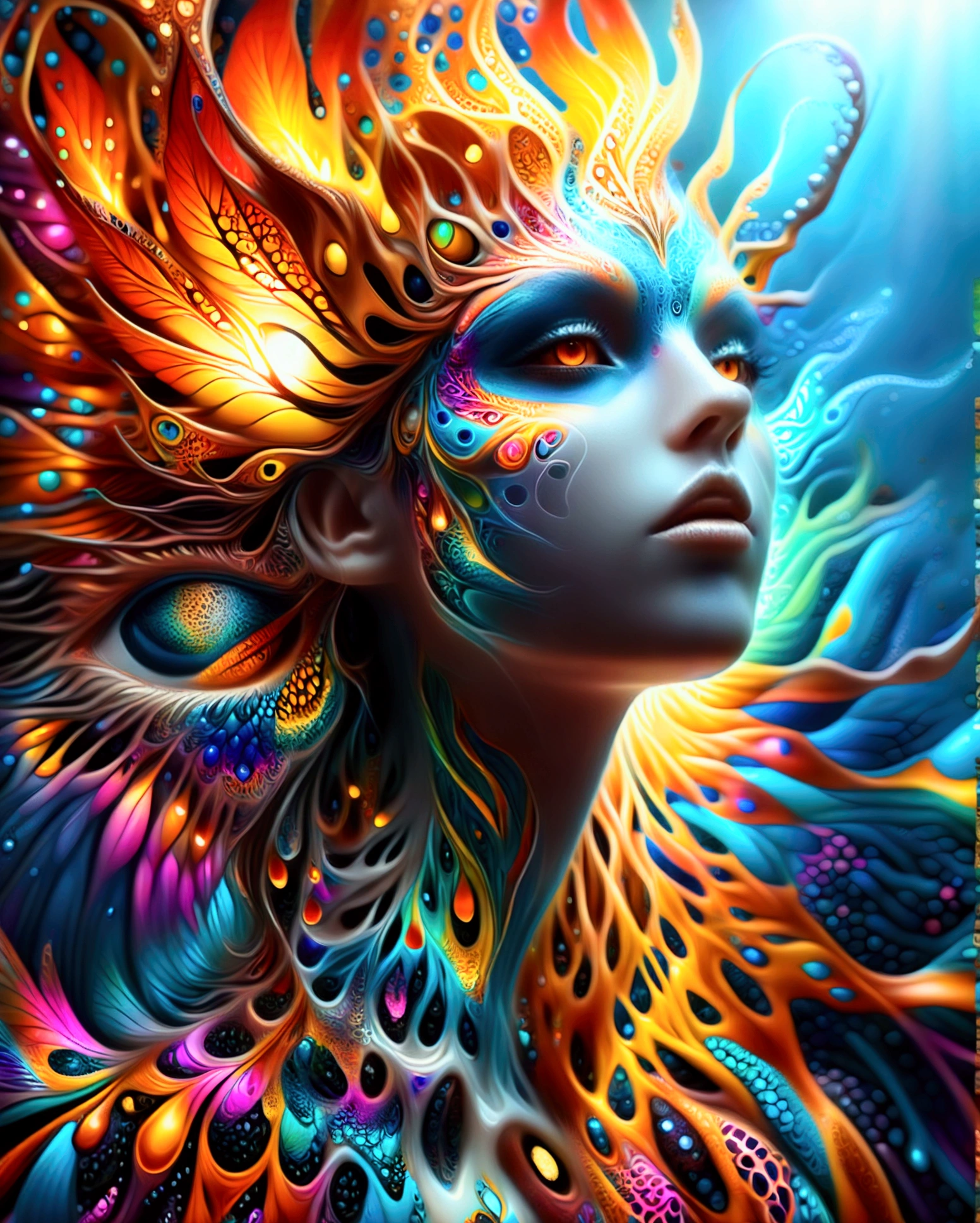 (Dripping:1.3, psychedelic, colorful, drawing of a phoenix woman rebirth with random features in Realistic style), sexy, acid style, colorful psychedelic background, (fractal art:1.5), reflection, whole body shot,