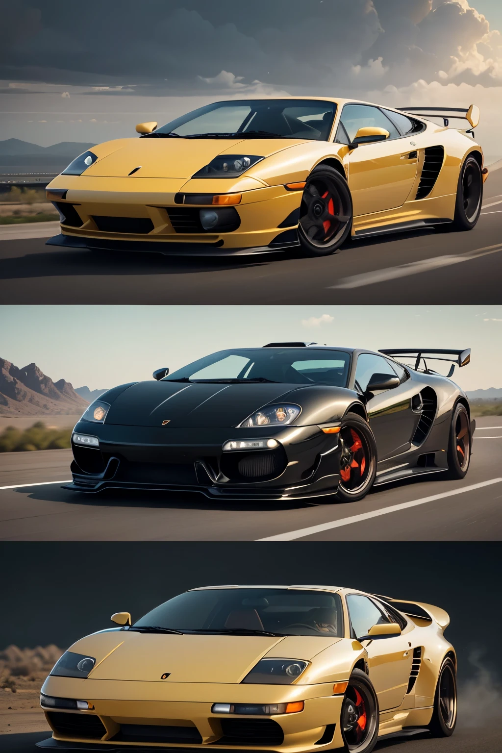 Frame 1: In the first frame, a captivating fusion of the Lamborghini Diablo and Porsche 911 Turbo design comes to life. The car's front end boasts the iconic sharp edges and angled headlights of the Diablo, while the sleek, smooth body lines and rounded tail lights of the 911 Turbo blend seamlessly into the design. The powerful engine roars as the car accelerates, leaving a trail of smoke behind.
Frame 2: In the second frame, the fusion vehicle soars effortlessly into the sky, transforming into a futuristic, hybrid aircraft. The wings unfold from underneath the car, as the Lamb