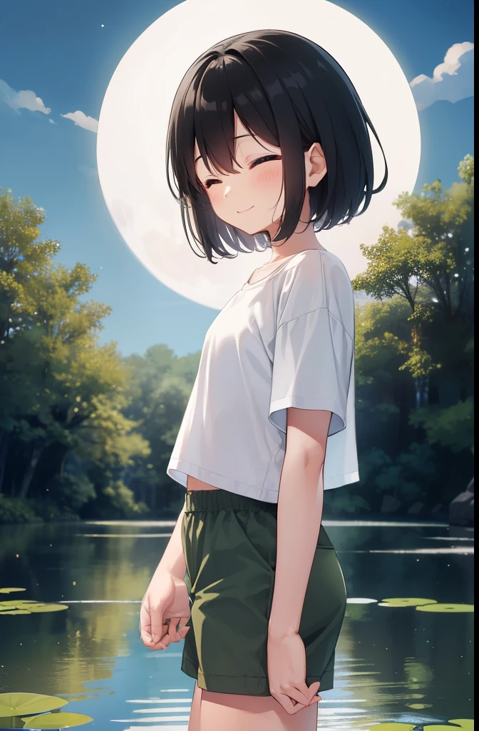 forest,smile,Are standing,close your eyes,1. small ,short hair,Black Hair,blush,White T-shirt,Olive green shorts,White skin,From below,shy,Cowboy Shot,night中,night,moon,Swimming in the pond,Shy,