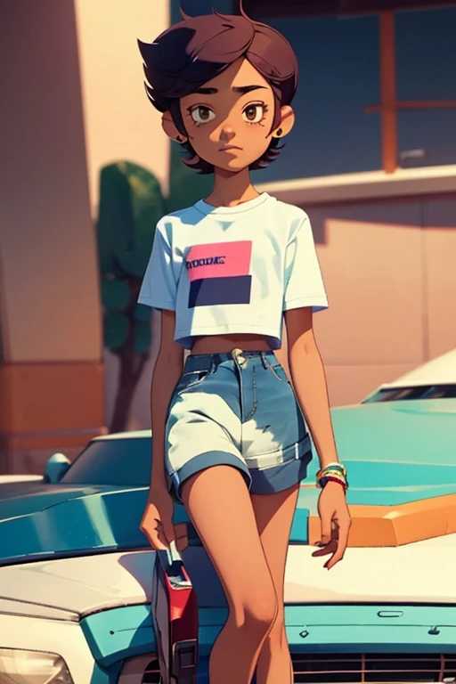 Luz Noceda, Version boy ************, femboy wears a crop shirt and too very short mini shorts, beautiful long legs, cuffed, hot summer, boy flirty posing, highest quality,